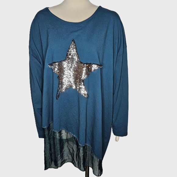 M Made In Italy Tops - Made in Italy Cotton Star Tunic Top Blue Sequin Silk Hem Asymmetrical Hem XL NWT